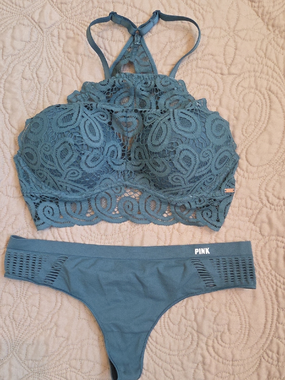 Teal Lace Bralette with Gold Logo Plate